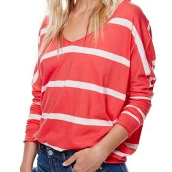 Free People Upstate Stripe Tee size Lg in Red - Picture 1 of 15